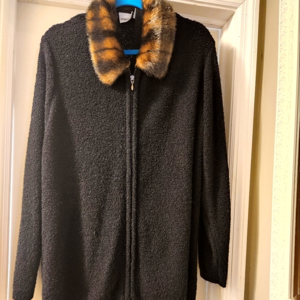 Black Zip Up Sweater with Faux Mink Fur Collar